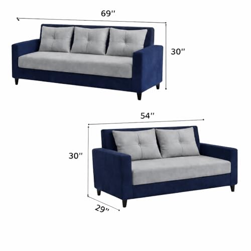 Image of Ultimate Comfort 3+2 Wooden Sofa Set | Premium Velvet Fabric | Modern 5-Seater Sofa | Durable & Stylish Living Room Furniture(Grey & Blue)