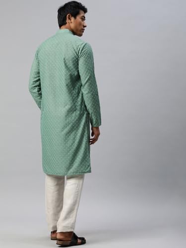 Image of Majestic Man Men's Cotton Blend Regular Fit Casual Polyester Mandarin Collar Ethnic Motifs Embroidered Long Regular Kurta