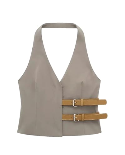 Women's Sleeveless Backless Tank Tops Solid Color Leather Buckle Chic Slim Short Suit Vest Top