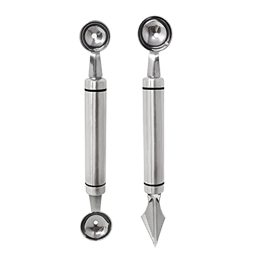 Honbay 2PCS Stainless Steel Double-Headed Melon Baller Scoop Fruit Carving Knife Dual-Purpose Cooking Spoon Kitchen Tools for Watermelon Cantaloupe Ice Cream Sorbet Dessert