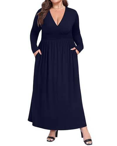 Image of COSSEN Womens Plus Size Maxi Dresses for Curvy Women 2026 Casual Ladies V Neck Flowy Swing Long Dress with Pockets XL-5XL