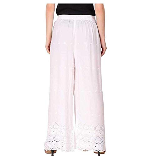 Image of TRIFON Women Mid Rise Lucknow Chicken Embroidred Cotton Rayan Regular Fit Palazzo Color White Free Size 28 to 38.