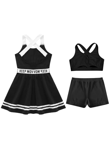 3pcs Kids Sports Outfits Girl Tenins Athletic Dress With Racerback Sport Bras And Shorts For Workout Exercise Black 6 Years4