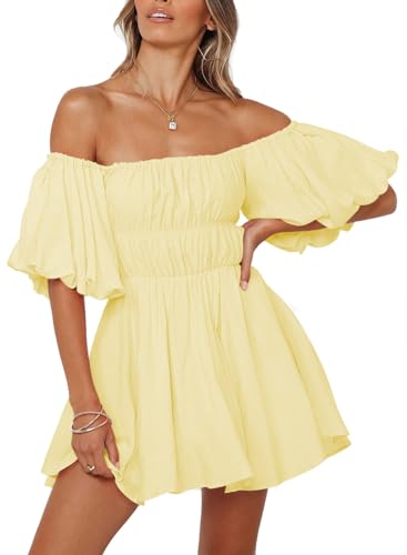 Dokotoo Off Shoulder Sexy Dresses for Women Fashion 2026 Short Lantern Sleeve Ruffle A-Line Yellow Dresses Casual Elastic Waist Mini Dress Medium