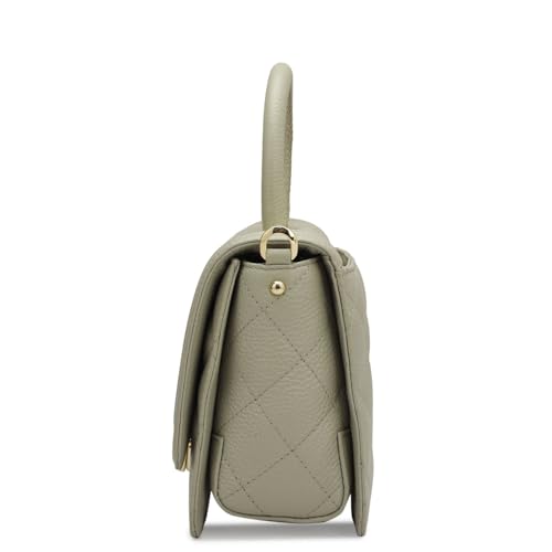 Image of Da Milano Leather Satchel for Women - Khaki | Genuine Leather Handbag with Push Lock, Top Handle & Detachable Strap