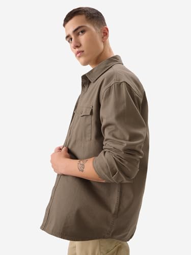 Image of The Souled Store Solids Off White Long Sleeve Collared Cotton Utility Shirts for Mens & Boys- Regular Fit with Classic Style