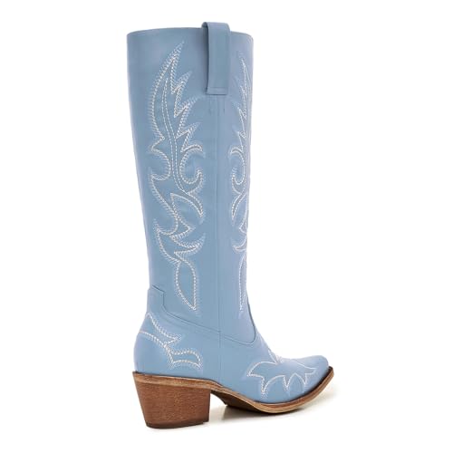 Image of Uillnoodu Women's Turquoise Cowgirl Boots - Wide Calf Mid Calf Western Boots Plus Size Embroidered Cowboy Style with Block Heel