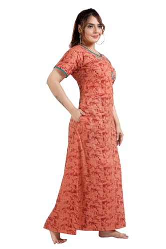 BAILEY SELLS Women's Cotton Embroidered Maxi Night Gown/Nightdress (BAILEY1252_Mustard_Free Size)