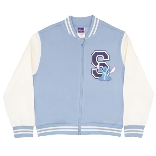 Image of Disney Lilo & Stitch Girl's Zip-Up Varsity Bomber Jacket - Casual Lightweight Coat with Stitch Graphic Print for Kids