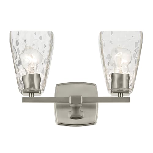 Image of Kichler Marant 2-Light Bathroom Vanity Light Fixture with Clear Water Glass in Brushed Nickel, Modern Wall Mount Light for Bathroom Over Mirror (14.25 in x 9.5 in), 55215NIWTR