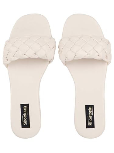Image of Shoetopia Women's Braided Flat Slip-On Sandals Comfortable || Open-Toe Casual Slides for Summer, Beach
