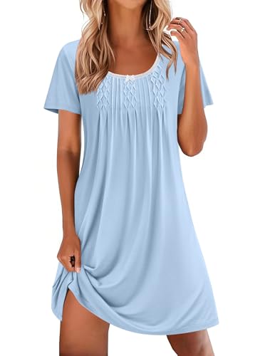 Image of Ekouaer Nightgowns for Women Pleated Sleep Shirts Short Sleeve Night Shirts Lace Trim Night Gown Ladies Sleep Dress