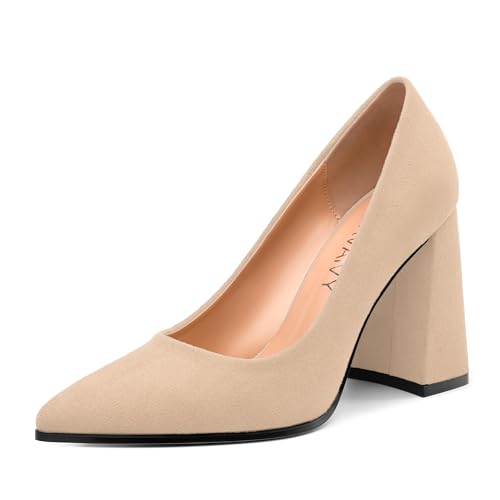 Women's Pumps, Pointed Toe Block High Heels, Slip On Fashion Chunky Heel Shoes for Women