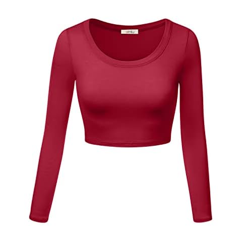 Simlu Womens Crop Top Round Neck Basic Long Sleeve Crop Top with Stretch - USA - Red Cover