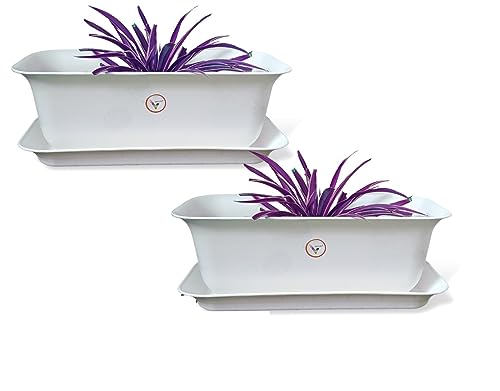 VINSHRA Rectangular Plastic Flower Pots with Bottom Tray, White, 20 Inch, 2 Pieces Window Planter, Make Garden, Vegetables, Flowers, Fruits Gardening Pot,Gamla, Indoor/Outdoor Pots for Balcony, Lightweight, Weather Uv Resistant, Durable