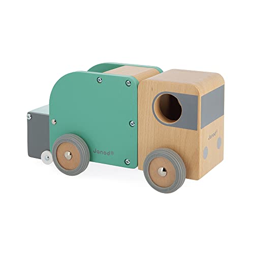 Image of Janod - Bolid Solid Wood Recycling Truck - Magnetic Bin Included - Silent Wheels - Imagination and Fine Motor Skills - Water-Based Paints - 2 Years + J04633, Green