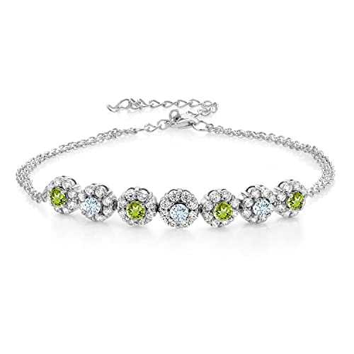 Gem Stone King 925 Sterling Silver Green Peridot and Sky Blue Aquamarine Tennis Bracelet For Women (2.18 Cttw, Gemstone August Birthstone, 7 Inch with 2 Inch Extender)