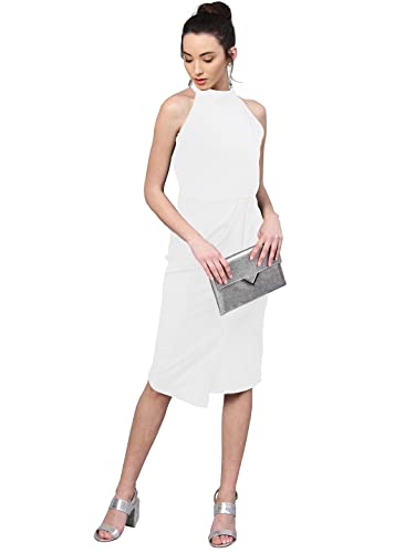 Image of Shasmi Women's Comfortable Red Halter Neck Sleeveless Solid Midi Bodycon Casual Western Stylish Dress