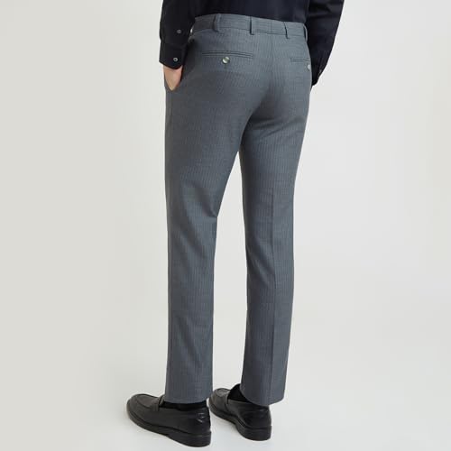 Image of Raymond Men's Mid Rise Slim Fit Stripe Pattern Polyester Blend Flat Front Formal Trouser