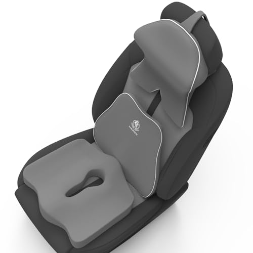 Image of MRRON Memory Foam Posture Corrector Car Seat Cushions Combo | Orthopedic Backrest, Coccyx Cushion & Neckrest | Ergonomic Lumbar Comfort Seat Cushion | Reduces Sciatica (Grey, Slim backrest)