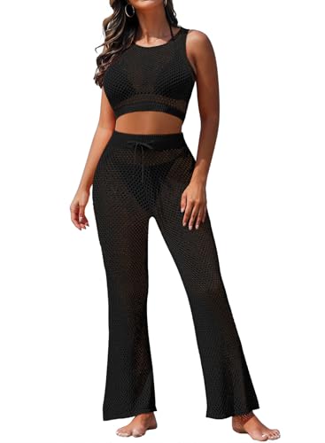 Pink Queen Women's Swimsuit Cover Up Set 2 Pieces Crochet Sleeveless Crop Top Wide Leg Long Pants Beach Coverups