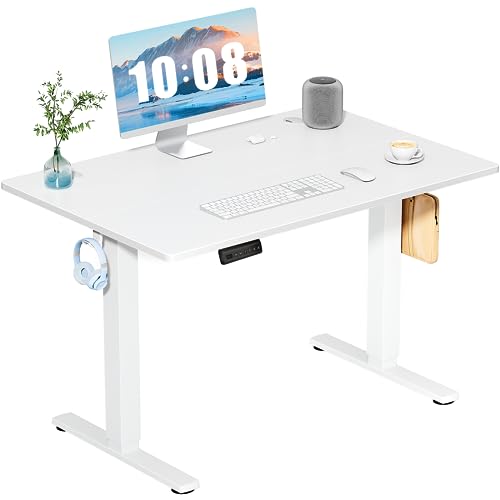 DUMOS 40 inch electric standing desk in white with a compact desktop