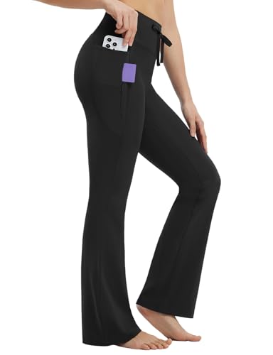 baleaf Womens Flare Leggings with Zipper Pockets Drawstring Flared Yoga Pants Bell Bottom Leggings Tummy Control