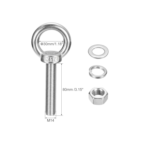 Image of uxcell Lifting Eye Bolt, 4 Sets M14 x 80mm Eye Bolt with Nut Washer 304 Stainless Steel Shoulder Lifting Ring Eye Bolt for Hanging Item