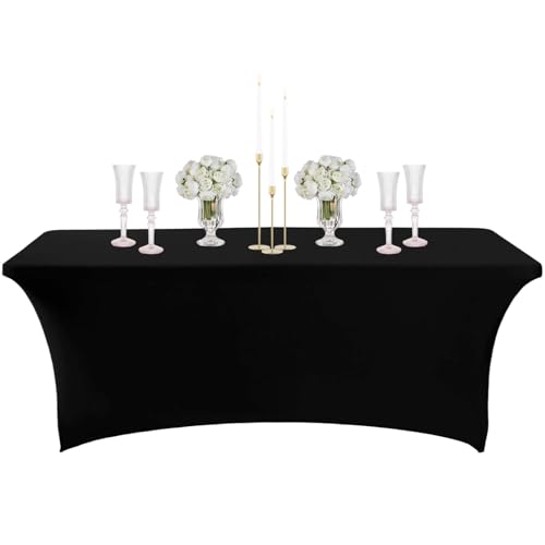 COSORO 6ft Spandex Tablecloths Stretchable Tablecloth Black for Rectangle Table,Washable Fitted Table Cloth Spandex Stretch Patio Table Cover for Event,Wedding,Banquet,Halloween Party,Covering Stalls