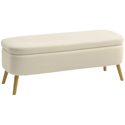 HOMCOM Banc de Rangement en Polaire Teddy, Coffre de Rangement avec Couvercle 65L, Pieds en Bois, jusqu'à 220 kg, Banquette pour Salon, Chambre ou entrée,...