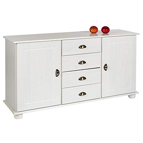 IDIMEX Buffet Colmar Commode bahut vaisselier Meuble Bas Rangement avec 4 tiroirs au Centre et 2 Portes battantes de Chaque côté, en pin Massif lasuré Blanc