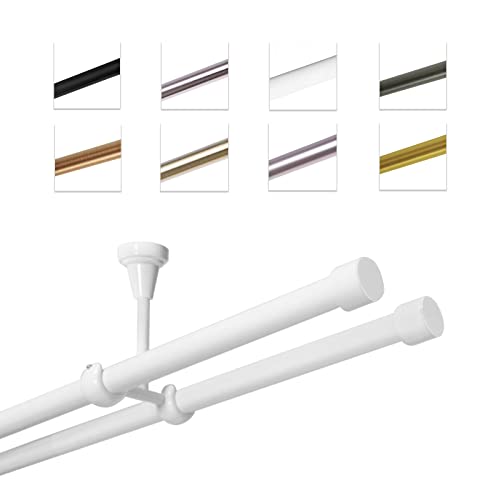 Bastone Per Tende 140 cm, Doppio, Bianco, Montato A Soffitto