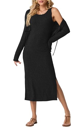 GRECERELLE Damen Strickkleid Strickjacke 2-teiliges Strick-Set : Midi Winterkleid Lang mit Spaghettiträgern & Seitenschlitz + Kurz geschnittenes...