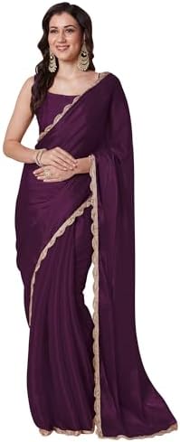 AKHILAM Women's Purple Organza Solid Saree With Unstitched Blouse Piece (ZIMMY1002_AB)