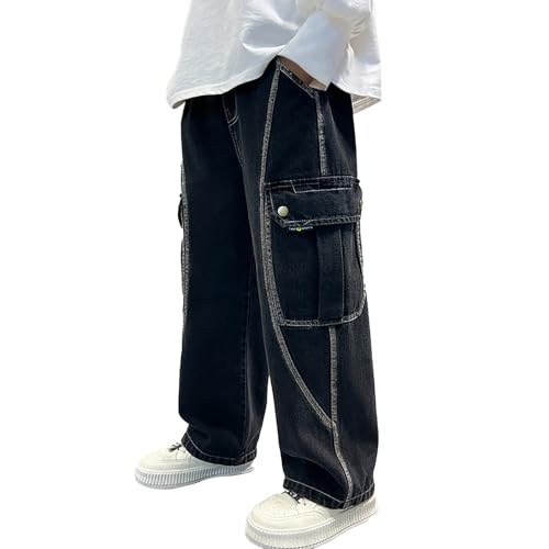 Boys Baggy Jeans Elastic Waist Straight Wide Leg Cargo Jeans Casual Loose Pull On Denim Pants Vintage Y2K Streetwear
