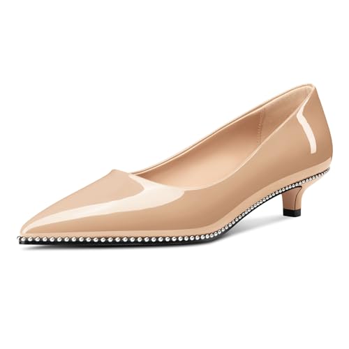 Image of Aachcol Womens Low Heel Pointed Toe Pumps Silver Beaded Kitten Heels Slip-on Comfortable Office Dress Shoes 1.4 Inches Heels