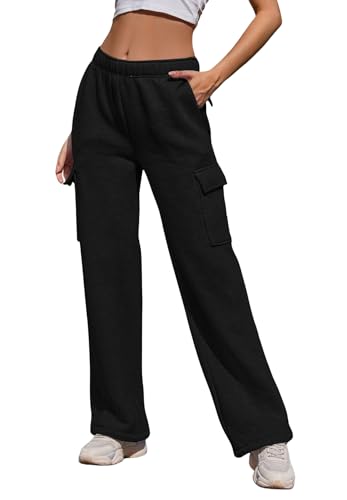 Niyokki Black Cargo Sweatpants For Women Wide Leg Elastic High Waisted Soft Straight Leg Baggy Sweat Pants With Pocket Casual Lounge Pants Cute Comfy Joggers cover