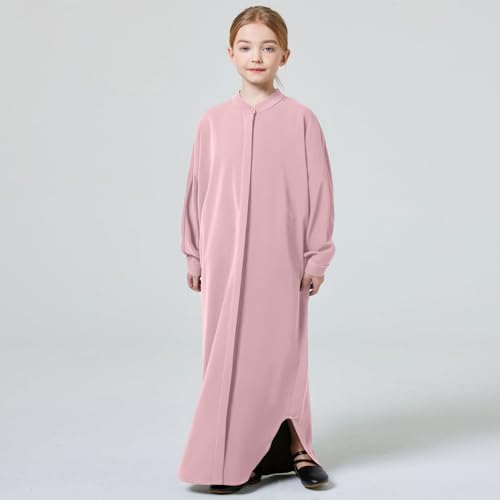 ODASDO Muslim Girl Dress One-Piece Abaya Kids Islamic Kaftan Ramadan Prayer Long Robe Button Down Batwing Sleeve Gown3