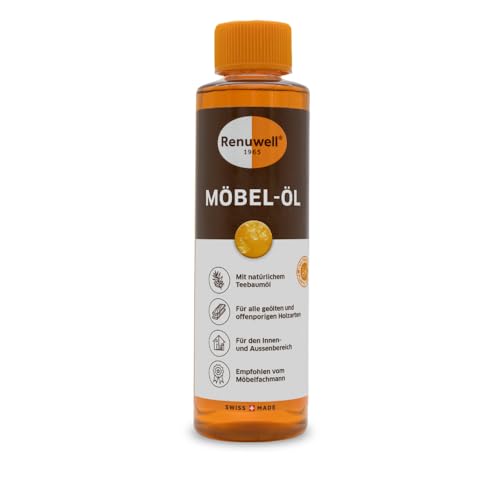 Renuwell Möbel-Öl Leinöl-Firnis, 270 ml – Natürliches Pflegeöl für Holz mit Leinöl und Teebaumöl, Schutz für geölte und unbehandelte Holzoberflächen in Schweizer Qualität