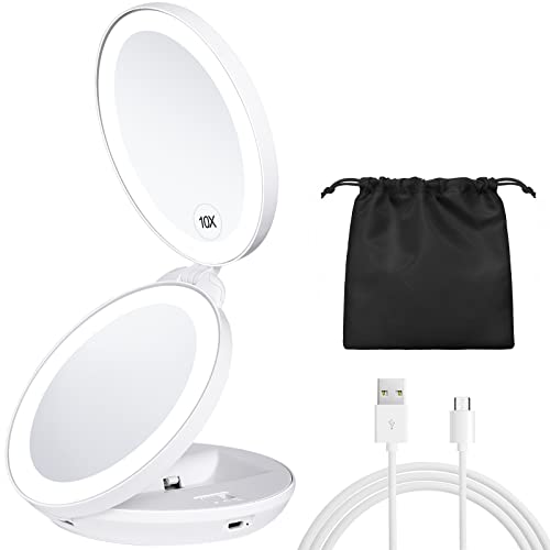 KEDSUM Upgraded Rechargeable Travel Makeup Mirror with Light, 1X/10X Magnifying Mirror with Light, Compact Travel Mirror with LED Lighted, Double Sided Folding Vanity Mirror, Daylight, Portable(White)