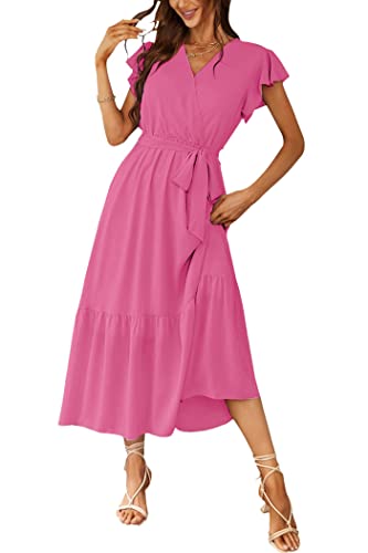 PRETTYGARDEN Women's Summer Floral Boho Maxi Dress Wrap Short Sleeve V Neck Ruffle A-Line Flowy Wedding Guest Long Dresses