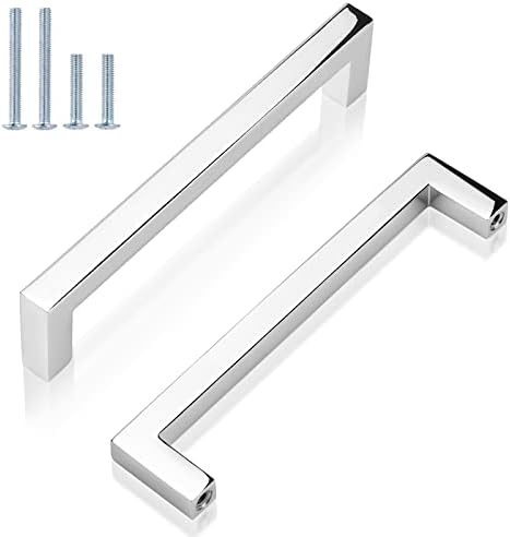 GOBEKOR 10 Pack Solid Polished Chrome Cabinet Handles 5 Inch Hole Center Chrome Drawer Pulls, Euro Square Bar Dresser Handles Cabinet Hardware