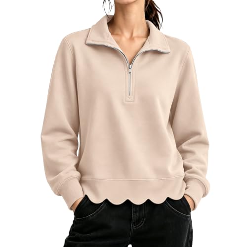 Womens Quarter Zip Sweatshirt Scalloped Collared Casual Sweatshirts No Hood - image 2