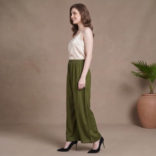Image of FASHION GALLERY Women's Solid Rayon Palazzo Pants | Relaxed Fit Full Length Wide Leg Palazzo | Elastic Waist Comfortable Casual Lounge Office Ethnic Flared Trousers for Women