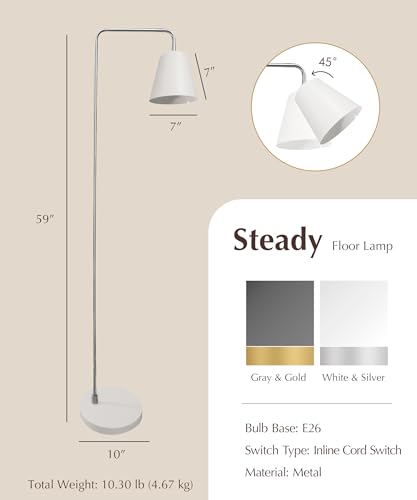 Image of HarvestLand Steady Floor Lamp, Reading Lamp for Living Room, White Nickel | 345 Shade adjustable standing lamp, Bedroom Reading Lamp, Living Room Home Deco Lamp