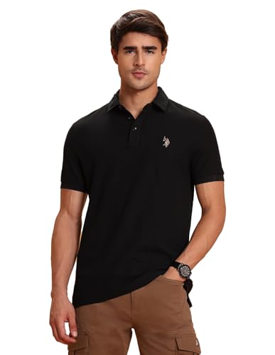 Image of U.S. Polo Assn. Denim Co. Black Textured Cotton Regular Fit Men's Polo Shirt