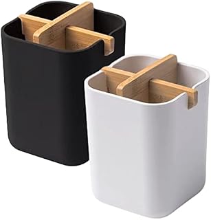 2Pcs Bamboo Toothbrush Holder, Detachable Electric Toothbrush Holder, Multifunctional Toothbrush Caddy for Pen, Makeup Brushes, Dental Floss (Black & White)