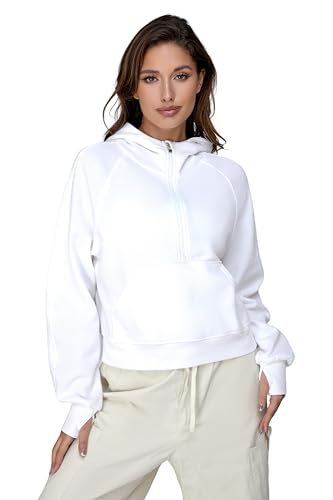 Germinate Summer Cropped Quarter Zip Up Hoodie Women Pullover White Black Grey Cotton Thumb Hole Zipper Short Crop Sweatshirt (Small, White)