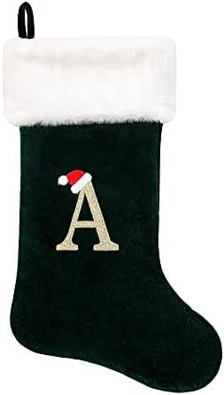 Eoocan 20 Inches Monogram Christmas Stockings Green Velvet with White Super Soft Plush Cuff Embroidered Xmas Stocking Classic Personalized Stocking Decoration for Family Holiday Season Decor(Letter A)