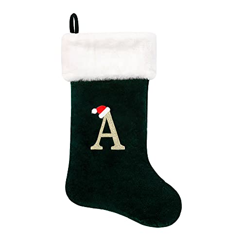 Eoocan 20 Inches Monogram Christmas Stockings Green Velvet With White Super Soft Plush Cuff Embroidered Xmas Stocking Classic Personalized Stocking Decoration For Family Holiday Season Decor(Letter A) #TOP2